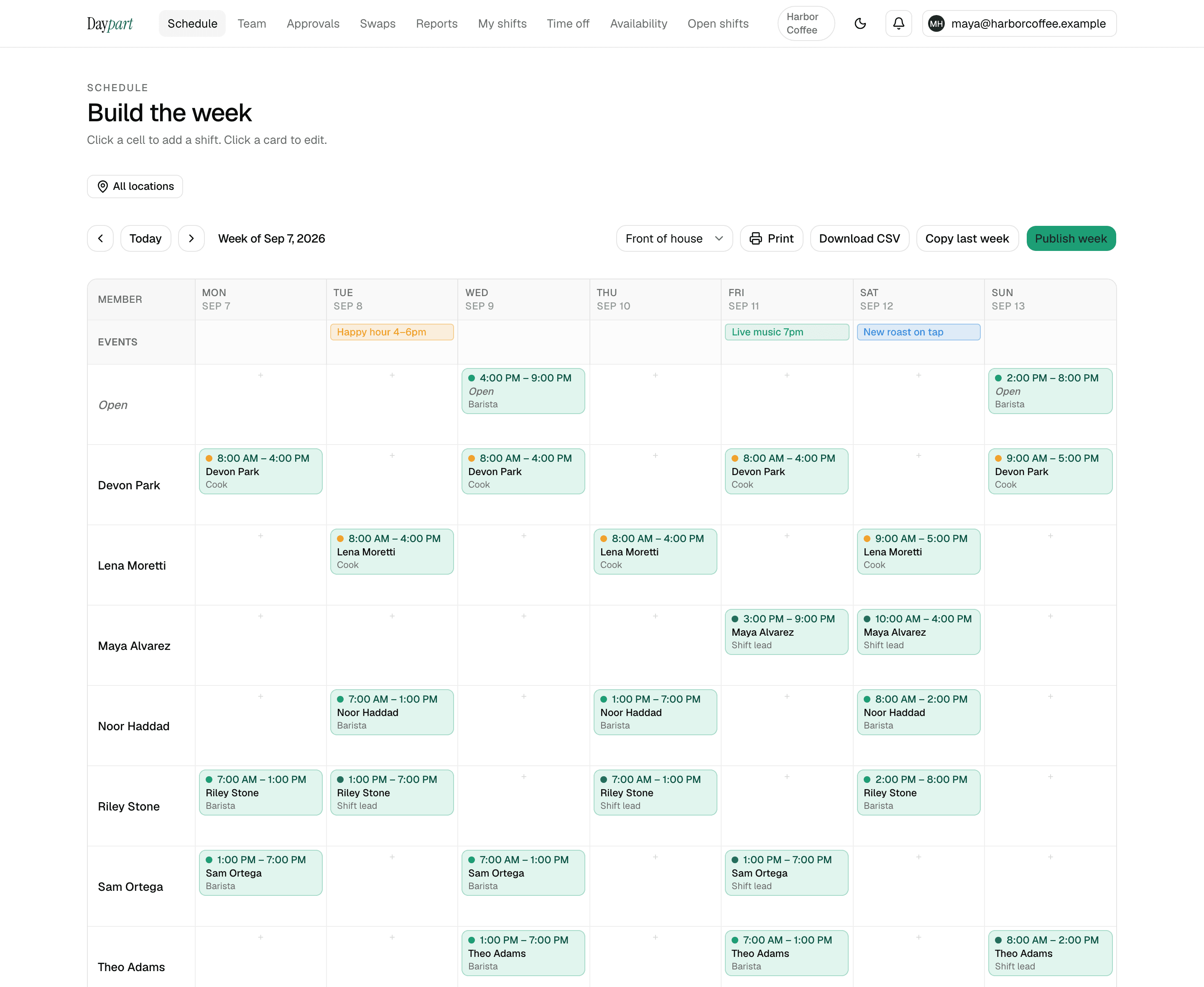 Weekly schedule builder in the Daypart web dashboard