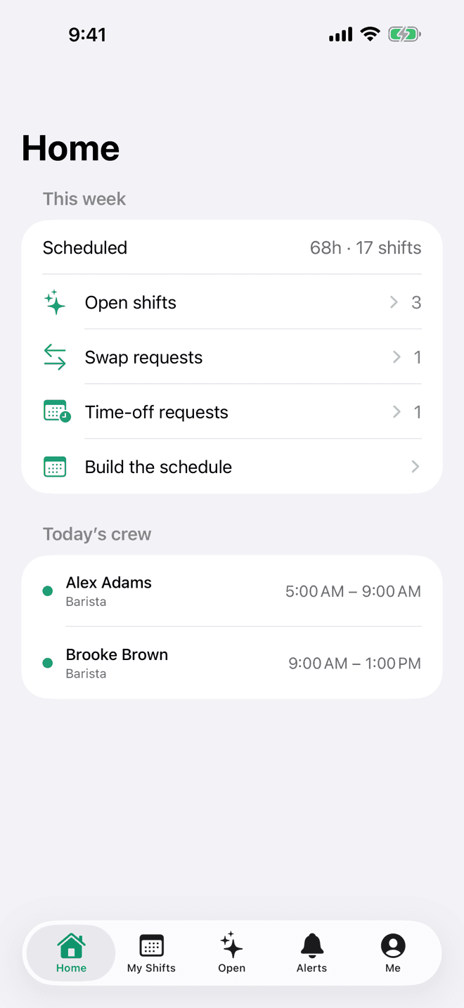Home in the Daypart iOS app: this week's hours, open shifts, and pending requests