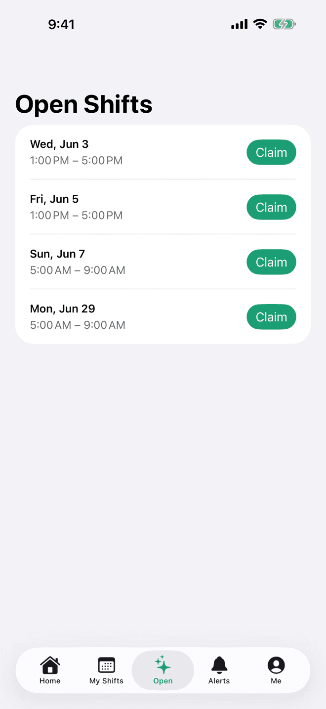 Open shifts to claim in the Daypart iOS app
