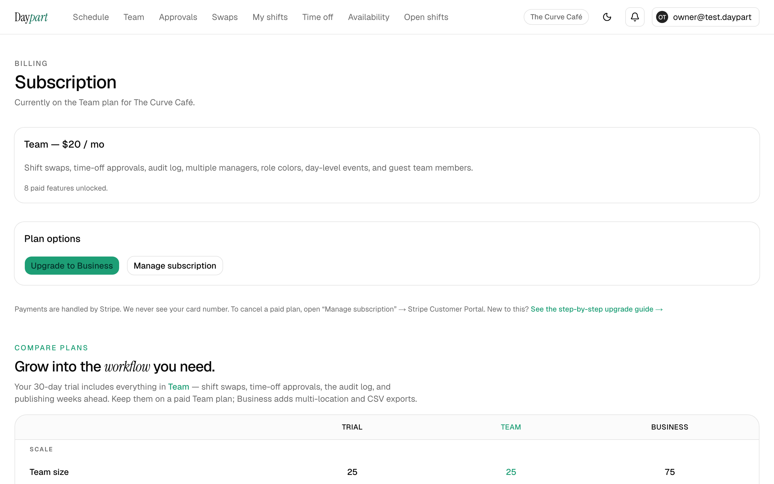 The billing page after upgrading, showing the paid plan